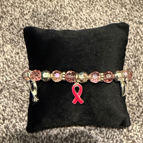 Pink Beaded Breast Cancer Charm Bracelet - Picture 1 of 4